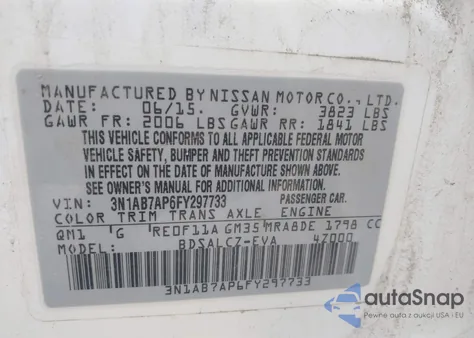 2015 Nissan Sentra S z USA, uszkodzony, nr VIN 3N1AB7AP6FY297733